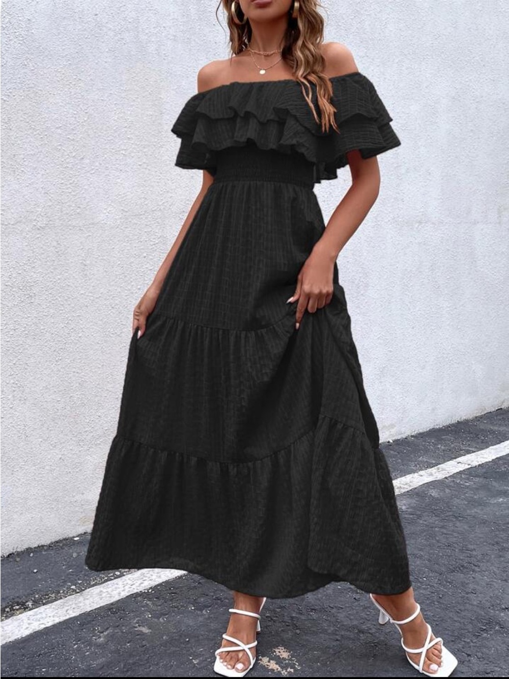 Off-Shoulder Black Ruffle Tiered Maxi Dress
